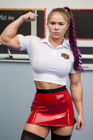 a heavily muscled iffb pro bodybuilder 18 year old girl popstar Ronda Rousey, colourful hair,  , wearing school
uniform,photorealistic, white shirt, red tie,,  tight red latex skirt, , thighhighs,school uniform, crop top