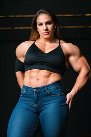 A heavily muscled iffb pro female bodybuilder, a RAW photo, portrait of 21 year old Nicole Bass, wearing black satin blouse, jeans, simple background, model shot, cinematic shot, volumetric lighting, detailed eyes and face, magnificent, epic, sharp focus, dlsr, rim lights, blurry background, best quality, highly detailed, masterpiece, 8k, 