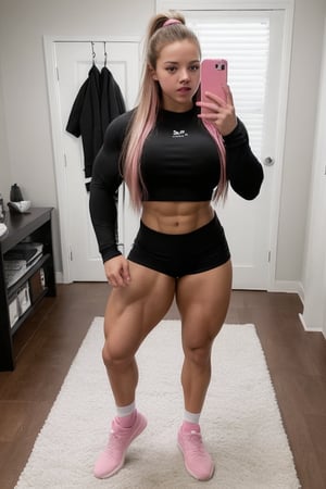 18 year old Sydney Sweeney, A heavily muscled iffb pro female bodybuilder,  Full-body mirror selfie of a muscular woman standing in a room with a wooden floor. She has long, dark hair with pink highlights and is wearing a black long-sleeve top and black lycra shorts. She is holding a smartphone with a reflective case in her left hand. She is also wearing white and gray athletic shoes with white socks. The room has a white wall with a calendar or planner hanging on it, and there is a black and white patterned rug on the floor. In the background, there is a black bag and some other items partially visible.