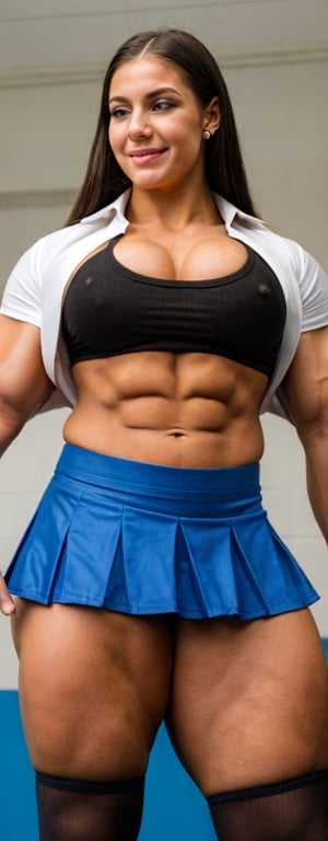 A heavily muscled iffb pro female bodybuilder,  a schoolgirl wearing a silk buttoned shirt, short skirt.
