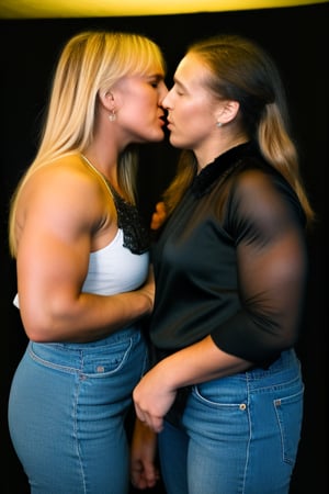2girls A heavily muscled iffb pro female bodybuilder, a RAW photo, portrait of Daryl Hannah, ronda rousey, wearing black satin blouse, jeans, simple background, model shot, cinematic shot, volumetric lighting, detailed eyes and face, magnificent, epic, sharp focus, dlsr, rim lights, blurry background, best quality, highly detailed, masterpiece, ,kiss