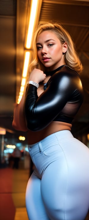 Viewed from front, looking away, stunning portrait of 22 year old Sydney Sweeney as a heavily muscled ifbb pro female bodybuilder. The RAW photo captures her in a cinematic shot, with volumetric lighting accentuating her magnificent physique. She wears a blouse and long transparent sleeves, paired with tight latex jeans, against a simple yet effective background. The model's pose is confident and powerful, with sharp focus on her detailed eyes and face. Rim lights create depth, while the blurry background keeps attention on Sydney's epic form. This masterpiece of photography is truly fit for 8K resolution, showcasing the best quality and highest level of detail