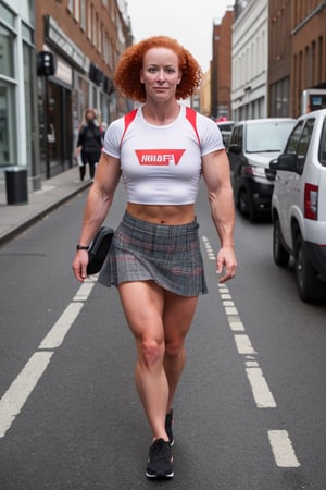 A heavily muscled female crossfit athletic, 
 red headed, ginger hair,  wearing a white t-shirt. BREAK plaid short skirt BREAK white ankle socks. BREAK black sneakers,  she is walking along the highstreet in an English city , there are other people walking 