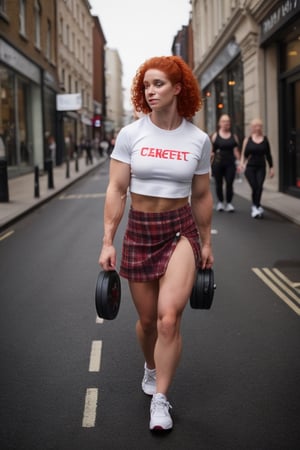 A heavily muscled female crossfit athletic, 
 red headed, ginger hair,  wearing a white t-shirt. BREAK plaid short skirt BREAK white ankle socks. BREAK black sneakers,  she is walking along the highstreet in an English city , there are other people walking 