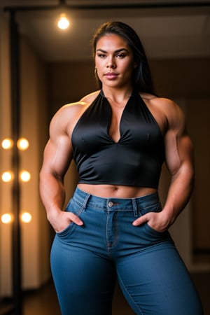 A heavily muscled iffb pro female bodybuilder, a RAW photo, portrait of Liz Cambage , wearing black satin blouse, jeans, simple background, model shot, cinematic shot, volumetric lighting, detailed eyes and face, magnificent, epic, sharp focus, dlsr, rim lights, blurry background, best quality, highly detailed, masterpiece, 8k, 