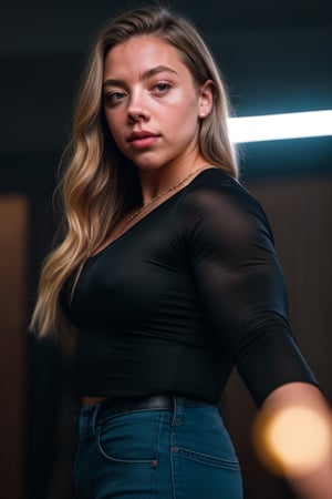 A heavily muscled iffb pro female bodybuilder, a RAW photo, portrait of Sydney Sweeney, wearing black satin blouse,  
long transparent sleaves  jeans, simple background, model shot, cinematic shot, volumetric lighting, detailed eyes and face, magnificent, epic, sharp focus, dlsr, rim lights, blurry background, best quality, highly detailed, masterpiece, 8k, 