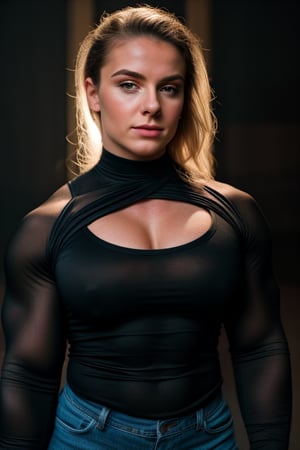 A heavily muscled iffb pro female bodybuilder, a RAW photo, portrait of Zoe Slater , wearing black satin blouse, jeans, simple background, model shot, cinematic shot, volumetric lighting, detailed eyes and face, magnificent, epic, sharp focus, dlsr, rim lights, blurry background, best quality, highly detailed, masterpiece, 8k, 