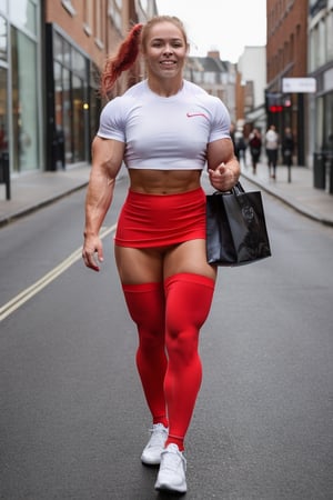 a heavily muscled iffb pro bodybuilder 18 year old girl popstar Ronda Rousey, colourful hair,  , wearing school
uniform,photorealistic, white shirt, red tie,,  tight red latex skirt, , thighhighs,school uniform, crop top,1A heavily muscled female crossfit athletic, 
 red headed, ginger hair,  wearing a white t-shirt. BREAK black leggings. BREAK white sneakers,  she is walking along the highstreet in an English city , there are other people walking and shopping 