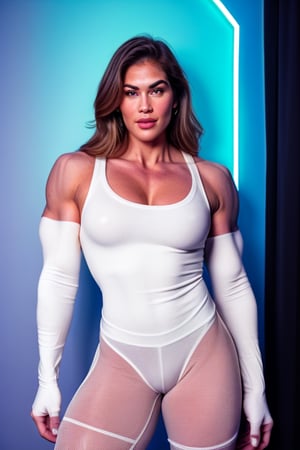 (Bodybuildings most muscular pose:1.5), Covered in tattoos,   22 year old Cindy Crawford, Generate a full length fashion portrait of a heavily muscled iff pro female bodybuilder , her makeup, hair, she is dressed in a tight fluffy woolen sweater, white lycra cycling shorts,, white knee high socks, lighting, environment, neon lit wall background 