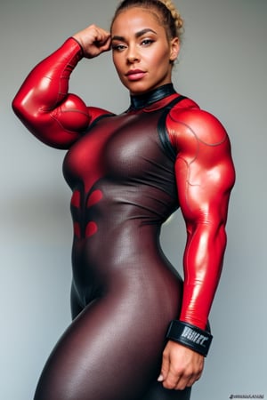  An AmericaN MMA female Athlete,  ., A European nog breasted pin up star,,  A heavily muscled iffb pro female bodybuilder,  Portrait of 2 beautiful women, cute face, german, wearing tight futuristic red latex catsuit,(seamless Latex)(olive latex) seamless suit (character sheet),  masterpiece, neutral background, perfect face, style: shiniez