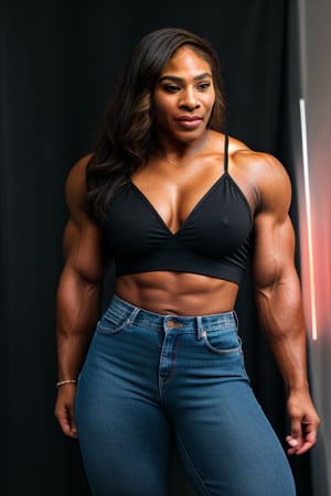 A heavily muscled iffb pro female bodybuilder, a RAW photo, portrait of Serena Williams, wearing black satin blouse,  
long transparent sleaves  jeans, simple background, model shot, cinematic shot, volumetric lighting, detailed eyes and face, magnificent, epic, sharp focus, dlsr, rim lights, blurry background, best quality, highly detailed, masterpiece, 8k, 