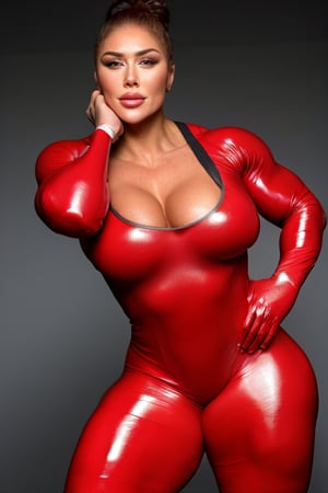 1girl, Velma,  Valerie Adams,  Ronda Rousey,  Lucy Pinder,  Carmen Electra,, ., A European nog breasted pin up star,,  A heavily muscled iffb pro female bodybuilder,  Portrait of 2 beautiful women, cute face, german, wearing tight futuristic red latex catsuit,(seamless Latex)(olive latex) seamless suit (character sheet),  masterpiece, neutral background, perfect face, style: shiniez,fmg