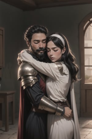 1girl, long hair, black hair, 1boy, closed eyes, hetero, hairband, cape, armor, hug, facial hair, shoulder armor, beard, realistic, mustache

