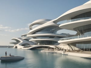 (master piece)(Future zen building), rhombuses facade pattern, zaha hadid, glass windows,  The ship,concrete,  Atlantis, 
Future world,ship,rooftop,harbor
tower,Minimalist succinct style,flyship on sky,