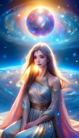 young  girl, solo, purple eyes, long hair,  hair between eyes,sitting,forest,outdoor,(insanely detailed, beautiful detailed face, masterpiece, best quality) cinematic lighting,Spiritual master,brown hair, messy hair, brown eyes, A summer gown,  Venusian,On the ship,Spiritual aura,High latitude,Highly evolved people,Interstellar human,Chakra cosmic energy,Fifth dimension,Portrait,HALFTONE CLOUD LIGHT_PARTICLES,	 SILHOUETTE LIGHT PARTICLES,LightningPunkAI