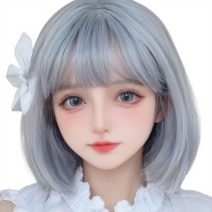 1girl, 

Cosplay, Real person, photo, twitter username, white background, mini person, aqua eyes, looking at viewer, grey hair, :i, aqua hair, simple background, blush, minigirl, blue hair, hair flower, solo, hair ornament, close-up, portrait, flower,
