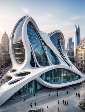 (master piece)(Future zen building), zaha hadid, Calatrava, glass windows,  concrete,  Atlantis, London house with tesselated facade, front street view,photo-realistic, intricate and complex details,hyper-realistic, parametric architecture,8k, ultra details,Golden section,
Irrational number,Minimalist style,

An architectural wonder with a daring configuration and ground-breaking design.This structure could be a museum or a company building.4k image photo like,(detailed)