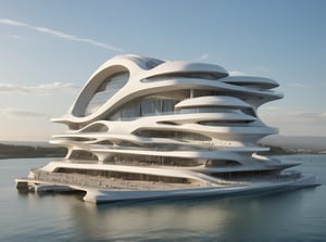 (master piece)(Future zen building), rhombuses facade pattern, zaha hadid, glass windows,  The ship,concrete,  Atlantis, 
Future world,ship,rooftop,harbor
tower,Minimalist succinct style,flyship on sky,