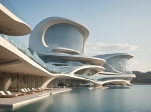 (master piece)(Future zen building), rhombuses facade pattern, zaha hadid, glass windows,  The ship,concrete,  Atlantis, 
Future world,ship,rooftop,harbor
tower,Minimalist succinct style,flyship on sky,