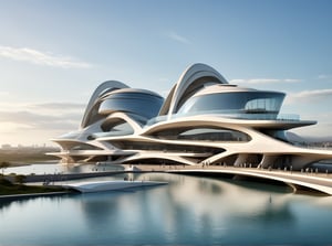 (master piece)(Future zen building), rhombuses facade pattern, zaha hadid, glass windows,  The ship,concrete,  Atlantis, 
Future world,ship,rooftop,harbor,
tower,Minimalist succinct style,flyship on sky,