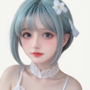 1girl, 

Cosplay, Real person, photo, twitter username, white background, mini person, aqua eyes, looking at viewer, grey hair, :i, aqua hair, simple background, blush, minigirl, blue hair, hair flower, solo, hair ornament, close-up, portrait, flower,
