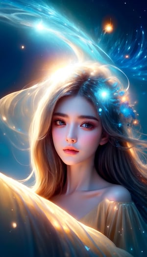 young  girl, solo, purple eyes, long hair,  hair between eyes,sitting,forest,outdoor,(insanely detailed, beautiful detailed face, masterpiece, best quality) cinematic lighting,Spiritual master,brown hair, messy hair, brown eyes, A summer gown,  Venusian,On the ship,Spiritual aura,High latitude,Highly evolved people,Interstellar human,Chakra cosmic energy,Fifth dimension,Portrait,HALFTONE CLOUD LIGHT_PARTICLES,	 SILHOUETTE LIGHT PARTICLES,LightningPunkAI,rc