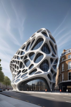 (master piece)(biomorphic building), symmetrical rhombuses facade pattern, zaha hadid, Calatrava, glass windows,  concrete,   （spider web:0.3）, London house with tesselated facade, front street view,photo-realistic, intricate and complex details,hyper-realistic, parametric architecture,8k, ultra details,

An architectural wonder with a daring configuration and ground-breaking design.This structure could be a museum or a company building.4k image photo like,(detailed)
