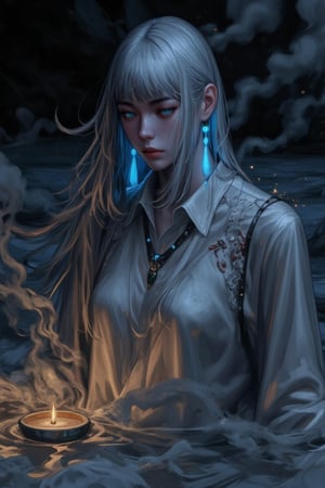 A serene, ghostly figure with translucent skin and glowing blue eyes floats above the mist-shrouded ground, her long, flowing silver hair wafting around her like ethereal tendrils, surrounded by wisps of smoke and delicate, ancient jewelry, as soft, blue-tinged light illuminates her from within, casting a faint, otherworldly glow on her features, set against a dimly lit, eerie atmosphere reminiscent of a Tim Burton-esque scene, with a warm, golden film grain and muted color grading, the image bathed in an soft, surreal light, with subtle, wispy shadows dancing across her face, evoking a haunting, mystical beauty.