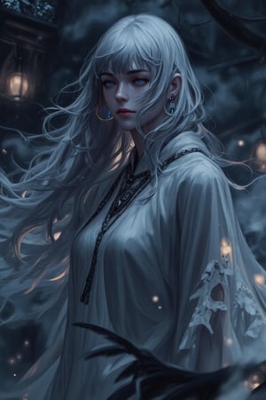 A ghostly ethereal girl with long, flowing silver hair and glowing blue eyes floats above the ground, wearing a translucent white flowing gown with long, tattered sleeves. Wisps of smoke and mist swirl around her, creating a mystical, surreal atmosphere. Her serene expression and soft smile are illuminated by soft, dim light, casting delicate shadows on her face. Ancient jewelry and delicate chains adorn her, adding to her haunting beauty. The fog covers the scene, enhancing the gothic, somber mood. Wispy tendrils of light and a faint glow highlight her contours, creating a phantom-like aura in a dimly lit, otherworldly setting.