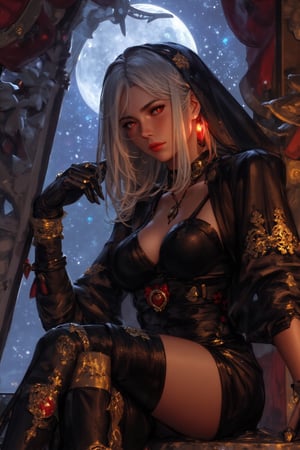 A stunning gothic vampire queen sits regally, her white hair flowing like a river of moonlight. Red glowing eyes bore into the viewer with an intense stare, as fangs glint in the eerie glow of the starry night. A delicate gold bracelet adorns her wrist, matching the choker and chain around her neck. The black dress is adorned with intricate details, complemented by red lips and nail polish. Sleek eyeliner and long lashes frame her eyes, which seem to hold a hint of bloodlust. In the background, the castle window frames the night sky, where the moon casts an otherworldly glow. The gold accents on her accessories glimmer in harmony with the dark and futuristic atmosphere, blending modern and fantasy elements in an upper body view that's both captivating and haunting.