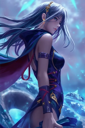 This digital artwork showcases a fantastical, anime-style character with a strikingly ethereal and dynamic pose. The subject is a young woman with a pale, almost translucent skin tone, and long, flowing, aqua-blue hair that cascades around her. She has piercing blue eyes and a determined, slightly mischievous expression. Her outfit is a blend of futuristic and mystical elements, featuring a deep purple and black bodysuit adorned with gold accents, intricate patterns, and red ribbons that add a touch of elegance and movement. She wears a voluminous, dark blue cape with a high collar, billowing behind her as if caught in a gust of wind. The background is a swirling, otherworldly landscape of blues and purples, with abstract, crystal-like formations that enhance the fantastical atmosphere. The overall composition is balanced, with the character centrally placed, creating a sense of focus and energy. The use of color and light is vibrant and immersive, typical of contemporary digital art. guweiz,ohwx style