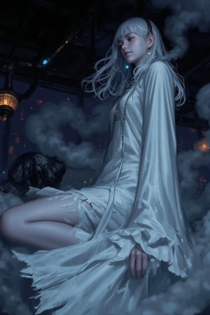 1girl, ((ethereal, ghostly figure)), ((floating above ground)), ((translucent appearance)), (white flowing gown, wisps of smoke surrounding), ((glowing blue eyes)), ((long, flowing silver hair)), ((mist swirling around)), (serene expression, soft smile), ((faint glow)), (dimly lit atmosphere), ((soft light illuminating her)), (mystical, surreal), (phantom-like aura, mysterious), (ancient jewelry, delicate chains), (long, tattered sleeves), (gothic aesthetic, somber mood), ((wispy tendrils of light)), (detailed facial features, soft gaze), ((fog covering)), (spooky, otherworldly), ((haunting beauty)), (delicate shadows on her face), (gown slightly torn at edges), ((glow highlighting her contours)), ((surreal light play))