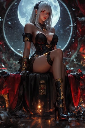 A stunning gothic vampire queen sits regally, her white hair flowing like a river of moonlight. Red glowing eyes bore into the viewer with an intense stare, as fangs glint in the eerie glow of the starry night. A delicate gold bracelet adorns her wrist, matching the choker and chain around her neck. The black dress is adorned with intricate details, complemented by red lips and nail polish. Sleek eyeliner and long lashes frame her eyes, which seem to hold a hint of bloodlust. In the background, the castle window frames the night sky, where the moon casts an otherworldly glow. The gold accents on her accessories glimmer in harmony with the dark and futuristic atmosphere, blending modern and fantasy elements in an upper body view that's both captivating and haunting.