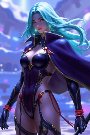 This digital artwork showcases a fantastical, anime-style character with a strikingly ethereal and dynamic pose. The subject is a young woman with a pale, almost translucent skin tone, and long, flowing, aqua-blue hair that cascades around her. She has piercing blue eyes and a determined, slightly mischievous expression. Her outfit is a blend of futuristic and mystical elements, featuring a deep purple and black bodysuit adorned with gold accents, intricate patterns, and red ribbons that add a touch of elegance and movement. She wears a voluminous, dark blue cape with a high collar, billowing behind her as if caught in a gust of wind. The background is a swirling, otherworldly landscape of blues and purples, with abstract, crystal-like formations that enhance the fantastical atmosphere. The overall composition is balanced, with the character centrally placed, creating a sense of focus and energy. The use of color and light is vibrant and immersive, typical of contemporary digital art. guweiz,ohwx style