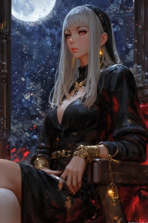 A stunning gothic vampire queen sits regally, her white hair flowing like a river of moonlight. Red glowing eyes bore into the viewer with an intense stare, as fangs glint in the eerie glow of the starry night. A delicate gold bracelet adorns her wrist, matching the choker and chain around her neck. The black dress is adorned with intricate details, complemented by red lips and nail polish. Sleek eyeliner and long lashes frame her eyes, which seem to hold a hint of bloodlust. In the background, the castle window frames the night sky, where the moon casts an otherworldly glow. The gold accents on her accessories glimmer in harmony with the dark and futuristic atmosphere, blending modern and fantasy elements in an upper body view that's both captivating and haunting.