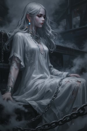 In a dimly lit, mist-covered realm, an ethereal ghostly figure floats above the ground, her translucent appearance shimmering with a faint glow. She wears a white flowing gown, tattered at the edges, with wisps of smoke and long, tattered sleeves surrounding her. Her long, flowing silver hair and glowing blue eyes add to her haunting beauty. Ancient jewelry and delicate chains adorn her, casting soft, surreal light play on her detailed facial features and delicate shadows on her serene, softly smiling face. The fog swirls around her, enhancing her mysterious, gothic aesthetic and phantom-like aura.