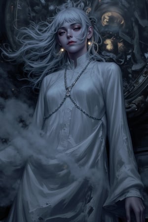 1girl, ((ethereal, ghostly figure)), ((floating above ground)), ((translucent appearance)), (white flowing gown, wisps of smoke surrounding), ((glowing blue eyes)), ((long, flowing silver hair)), ((mist swirling around)), (serene expression, soft smile), ((faint glow)), (dimly lit atmosphere), ((soft light illuminating her)), (mystical, surreal), (phantom-like aura, mysterious), (ancient jewelry, delicate chains), (long, tattered sleeves), (gothic aesthetic, somber mood), ((wispy tendrils of light)), (detailed facial features, soft gaze), ((fog covering)), (spooky, otherworldly), ((haunting beauty)), (delicate shadows on her face), (gown slightly torn at edges), ((glow highlighting her contours)), ((surreal light play))