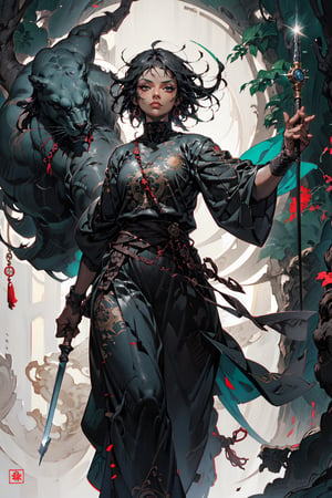 Higly detailed, High Quality, Masterpiece,beautiful,(medium long shot), 1girl, solo, warrior, on guard,(stare, young, black hair, short hair, harem pants, green T-shirt, tattoos in arms, stick as a weapon, brunette, forest, detailed background, african, black girl, wooden stick, black complexion, mexican, black face, black skin, ,Felm, dark eyes, wide nose,nodf_lora