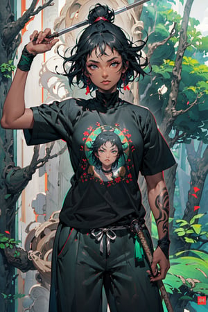 Higly detailed, High Quality, Masterpiece,beautiful,(medium long shot), 1girl, solo, warrior, on guard,(stare, young, black hair, short hair, harem pants, green T-shirt, tattoos in arms, stick as a weapon, brunette, forest, detailed background, african, black girl, wooden stick, black complexion, mexican, black face, black skin, ,Felm, dark eyes, wide nose,nodf_lora,DonM3v1lM4dn355,syahnk