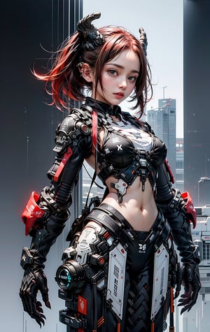 1girl, korean girl, big eyes, ((red hair)), solo break, ((big natural breasts)), masterpiece, best quality, highres, (multicolored hair:1.1), beautiful face, clas, awesome pose, ((black sexy tech bikini)), SilverWolfV5, urban techwear, ((half body view)),dragon ear