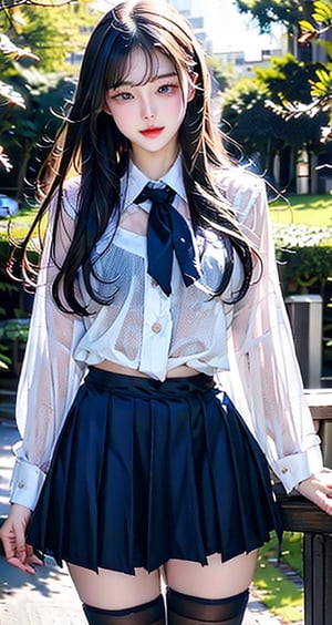 photo r3al, detailmaster2, masterpiece, photorealistic, 8k, 8k UHD, best quality, ultra realistic, ultra detailed, hyperdetailed photography, real photo, photorealistic, 8k, realistic eyes, detailed face, upper body, facing viewer, outdoors, bang, british school uniform,fishnet thighhighs