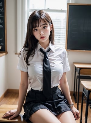 A 20 years old korean girl. She is in the classroom, sitting on her desk. Her legs are spread wide apart. Her underwears are exposed. Camera is focusing on her pelvis. She is sweating hard. Her skin is moist with her sweats. Her hands are place behind her back.

(best quality), ((masterpiece)), (highres), illustration, original, extremely detailed, (二次元大系·御姐篇_V1.0:0.7)zlqs, best quality, masterpiece, 

1girl, solo,sexy, looking at viewer, neutral_expression, closed mouth, sitface, seated, sitting, leaning, leaning_back, foreshortening, lower_body, focus_on_lower_body,  facing_viewer, legs_open, legs_apart, hand behind body, hand_behind_back, arm_behind_back,

natural_light, natural_light_on_face, hot_temperature,

classroom background, kyoushitsu, classroom, indoors, school chair, school desk, chalkboard, window, ceiling light, curtains, wooden_floor, blurry_background,blurry_foreground, 

gyaru, school uniform, skirt, miniskirt, microskirt, black_skirt, pleated skirt, plaid skirt, lifted_skirt,skirt_up, shirt, collared_shirt, white shirt, (white_shirt), short sleeves, necktie, black_necktie, socks, white_socks,

jewelry, bracelet, 
  
breasts, huge_breast, giant_breasts, gigantic_breasts,huge_tits, breast_exposed, straight_hair, longhair, brown-hair, bangs, light_brown_eyes, shiny_eyes, wide_pelvis,

sweating, sweating_profusely, wet_clothes, wet_hair, wet_skin,mist, moist,kaidan