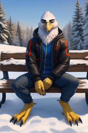 anthro eagle, male, full body,portrait,winter, bomber jacket, sitting on bench, barefoot, feet on ground, narrow talons,three toes on the front of the foot, one toe on the heel of the foot, feet visible, plantigrade feet, yellow talons, yellow legs, wide spread claws 
