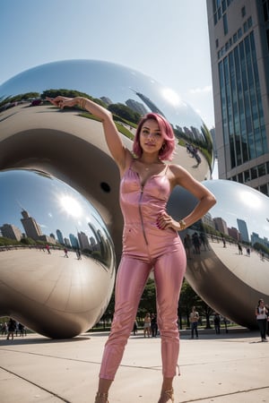 At the iconic Bean sculpture in Millennium Park, Chicago, Illinois, the woman with bubblegum pink hair strikes a pose wearing a stylish jumpsuit, statement earrings, and sandals, capturing the whimsical spirit of the Windy City.







