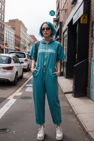 In the hipster neighborhood of Williamsburg, Brooklyn, New York City, the woman with baby blue hair browses through vintage shops wearing a funky jumpsuit, platform sneakers, and oversized sunglasses, embracing the eclectic fashion scene of the borough.





