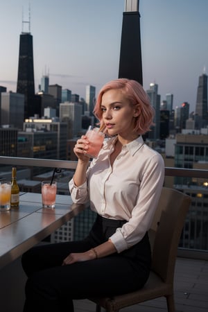 At a rooftop bar in downtown Chicago, Illinois, the woman with coral pink hair enjoys panoramic views of the city skyline wearing a chic blouse, tailored trousers, and heels, sipping on a cocktail and soaking in the cosmopolitan atmosphere.





