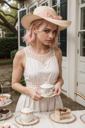 In the historic district of Charleston, South Carolina, the woman with coral pink hair attends a traditional Southern tea party wearing a vintage-inspired dress, pearls, and a wide-brimmed hat, savoring sweet tea and homemade treats.








