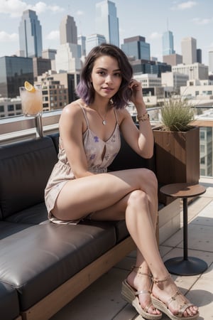 In a trendy rooftop bar in Austin, Texas, the woman with lavender hair enjoys live music and craft cocktails wearing a stylish romper, statement jewelry, and wedge sandals, taking in the panoramic views of the city skyline.

