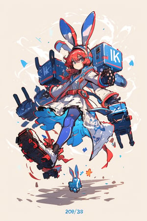 ((top-quality, 8K, masterpiece:1.3)),giant, a mecha rabbit girl, robot arms, white clothes, blue background, kicking pose,