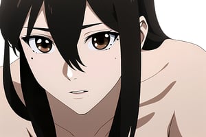 Masterpiece, best quality, absurdres, hi-res, dynamic lighting, highly detailed anime art style,

1girl, solo, mature female, long hair, hair between eyes, mole, brown eyes, 


Naked , nude

, close-up 

, ((white background, blank background )):1